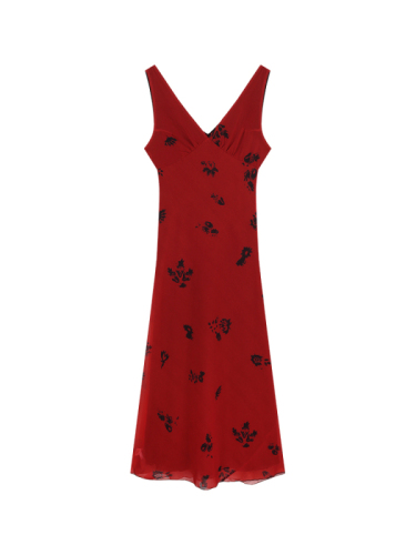 复古气质红色吊带连衣裙女夏季v领印花裙子修身收腰包臀鱼尾长裙