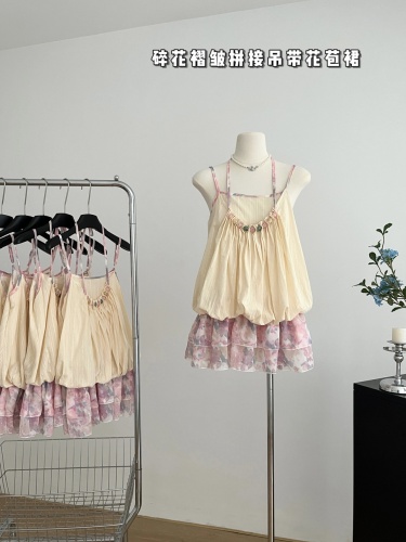 Acaine pearl macaron/mid-length swing collar cake dress suspender dress women's summer French sweet skirt