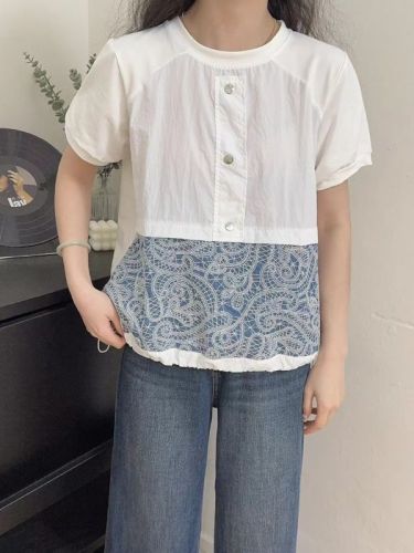 2024夏季新款韩版小众气质圆领蕾丝花边短袖衬衫女法式泡泡袖衬衣