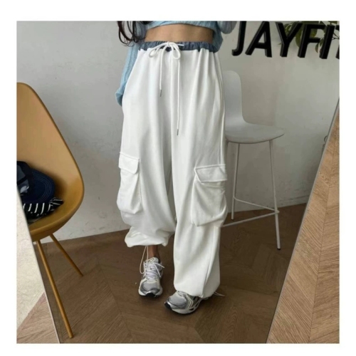 South Korea Dongdaemun 2024 Spring and Summer Spliced ​​Denim Waistband Large Pockets Loose Slimming Casual Pants