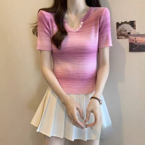 Korean style gradient striped knitted short-sleeved T-shirt for women 2024 summer new slim fit short versatile top