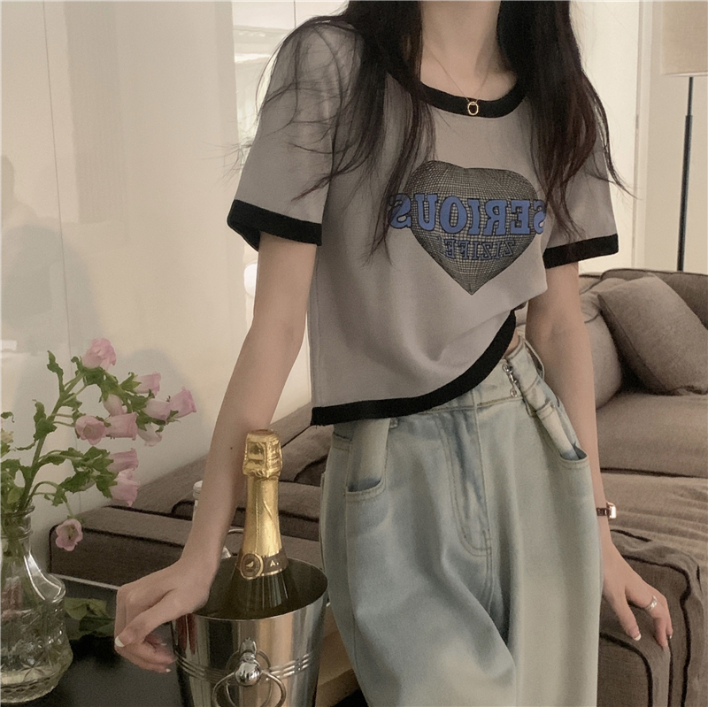 實拍 夏季新款撞色短袖針織衫印花T恤女