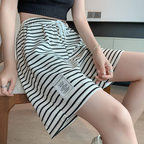Actual shot of summer new Korean style loose high-waisted striped versatile wide-leg pants five-quarter pants casual sports pants for women