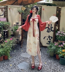 Plus size women's improved tube top Hanfu skirt temperament square neck printed slit trumpet sleeve dress