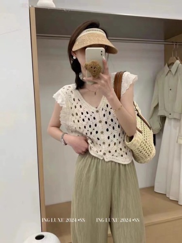 2024 summer new Korean style crochet empty lace fungus top loose sleeveless waistcoat vest for women