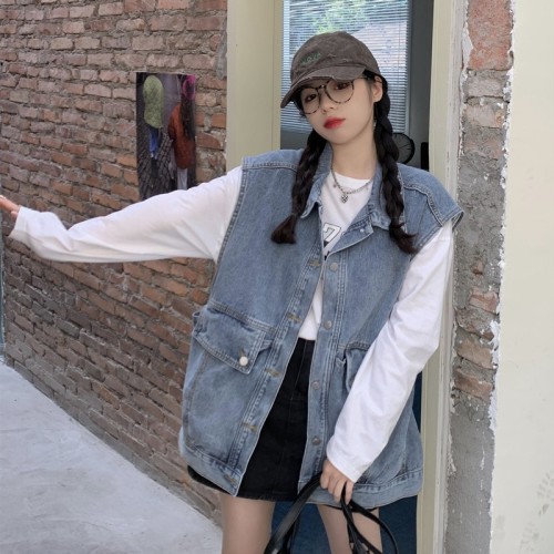 Internet celebrity denim vest 2024 summer thin waistcoat jacket for women Korean version loose and versatile student vest