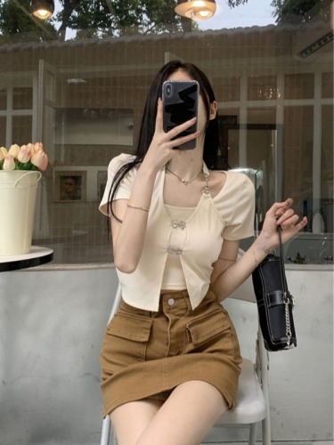 American sweet and spicy design pure desire short-sleeved women's summer butterfly button short hot girl fake two-piece top