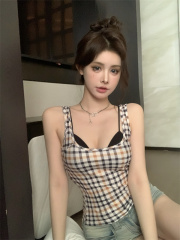 Real shot 2024 new summer hot girl plaid vest sexy slimming short top for women