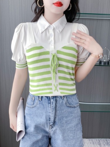 法式气质夏季新款韩系衬衣领拼接条纹系带假两件短袖泡泡袖上衣女