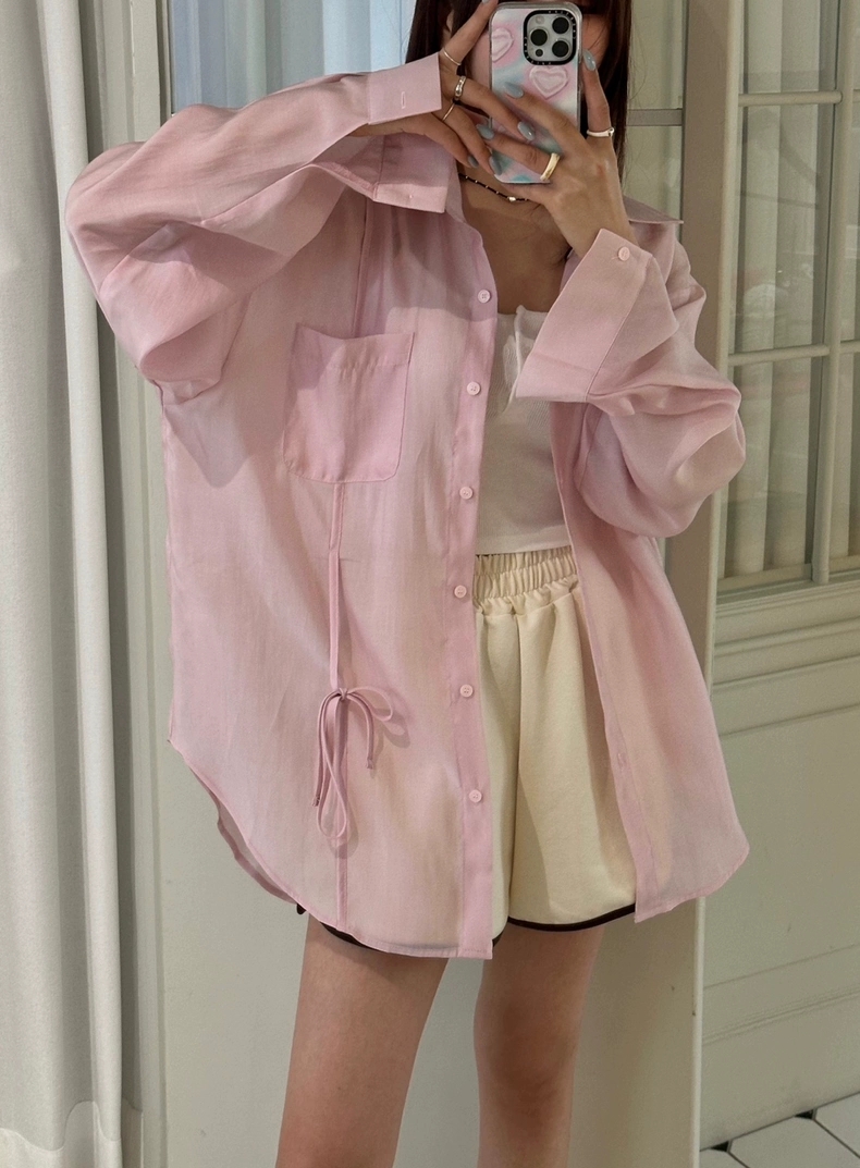 South Korea Dongdaemun 2024 Spring and Summer New Lapel Drawstring Button-Down Shirt