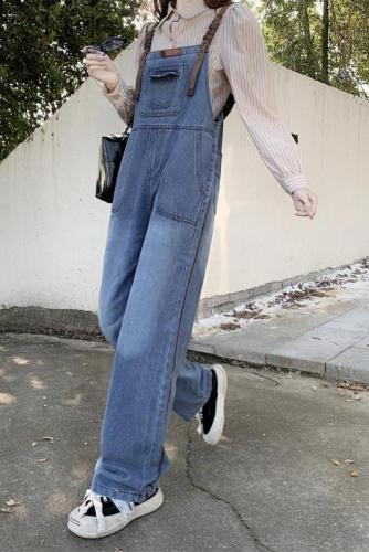 美式复古蓝色牛仔背带裤女小众设计感高腰阔腿长裤小个子2024新款