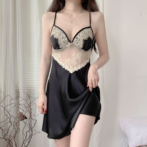 Real shot of summer sexy pajamas for women, ice silk suspenders, nightgown, lace beauty straps, chest pads, see-through underwear, home clothes