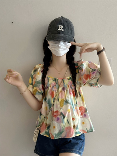 实拍~夏季新款韩系彩色花朵宽松显瘦减龄方领衬衫