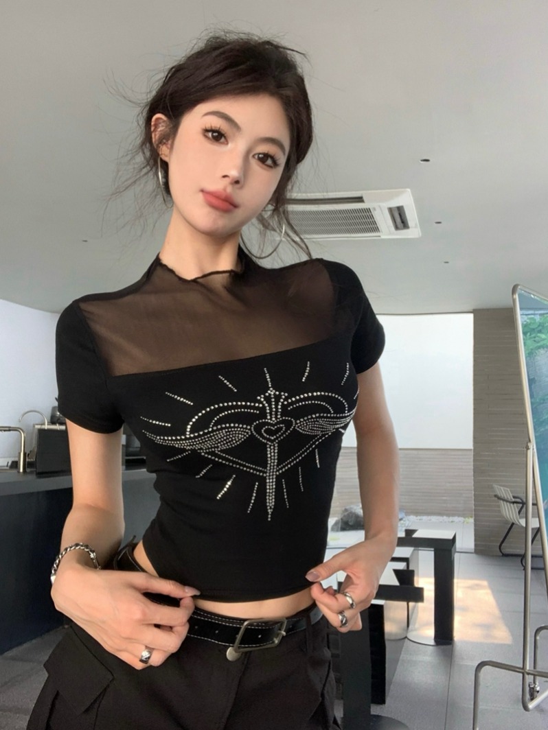Real shot of summer sexy hot girl style stand-up collar stitching mesh love hot diamond short short-sleeved T-shirt see-through top