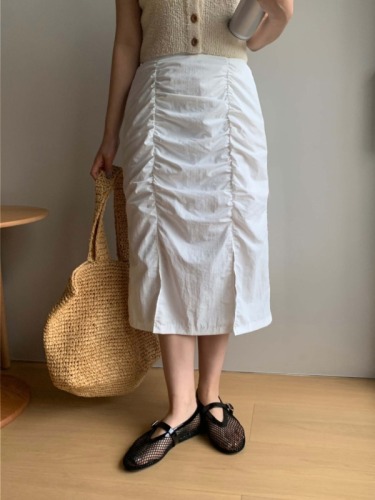 Korean chic summer nylon pleated slit elastic skirt