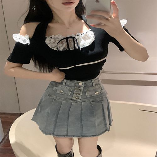 Pure Desire Hot Girl Halter Neck Slim Top Women Summer High Waist Short Lace Splicing Sexy Ins Short Sleeve T-Shirt