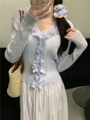 實拍  夏新款v領薄款設計感防曬衣顯瘦木耳邊針織開衫女