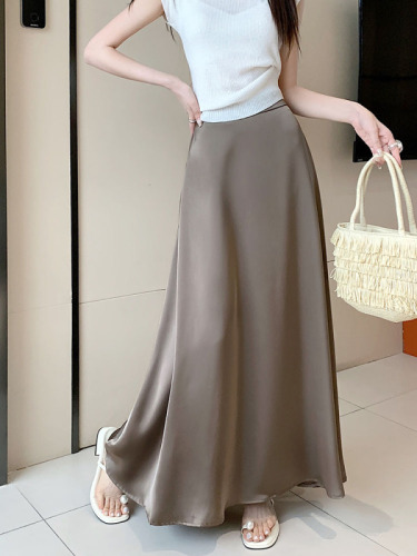 Actual shot~New high-waisted slimming French retro acetate satin drape skirt with long skirt for women