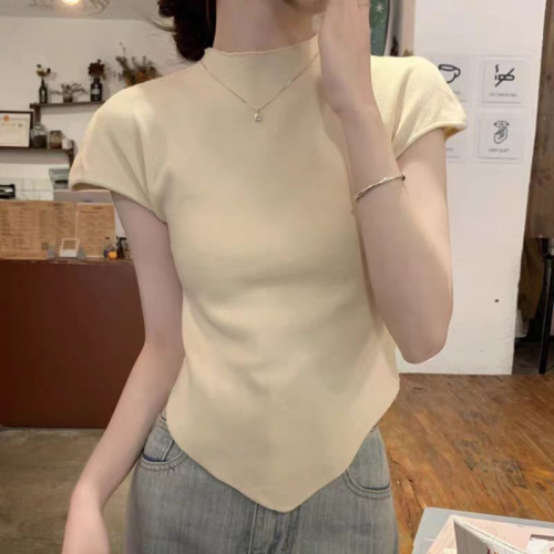 Irregular half-high collar solid color short-sleeved sweater for women 2024 summer slim fit and temperament short versatile top