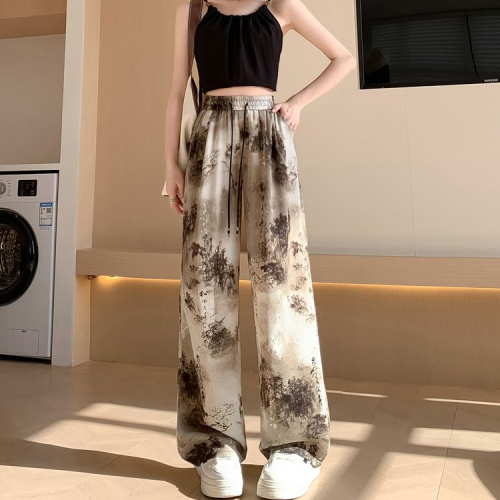 Ice silk quick-drying pants ink tie-dye casual wide-leg pants for women high-waisted straight-leg loose ice silk national style pants