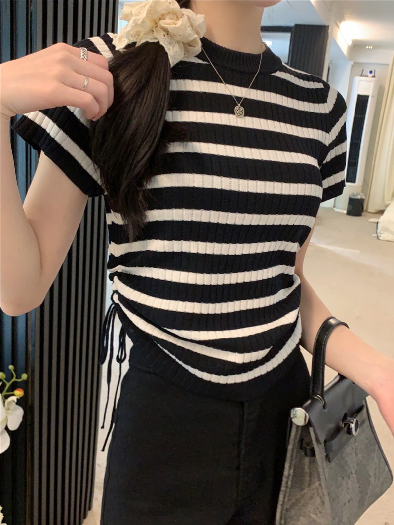 Item: Summer New Design Stripe Drawstring Tuck-in Short Sleeve Knit Top for Women - Photography