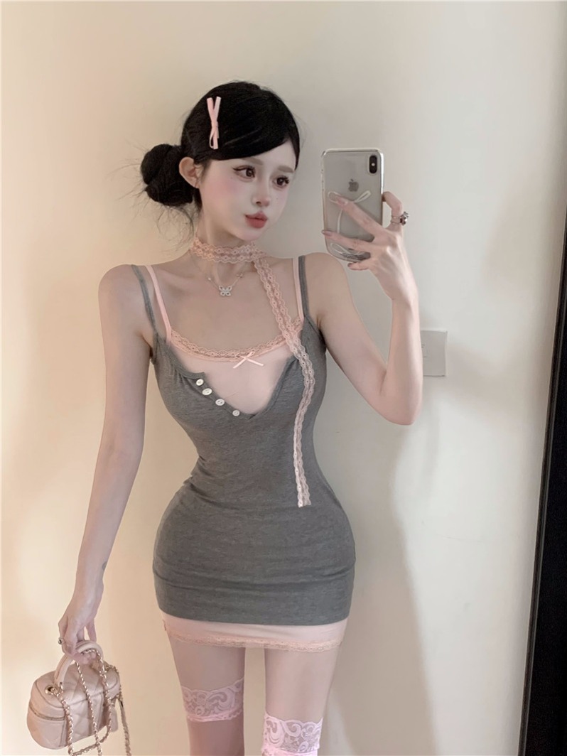 實拍  純欲風兩件套連衣裙辣妹小個子修身收腰包臀吊帶短裙