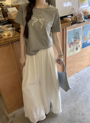 实拍~短袖T恤女夏季新设计感蝴蝶结圆领上衣白色裙裤女夏天小个子