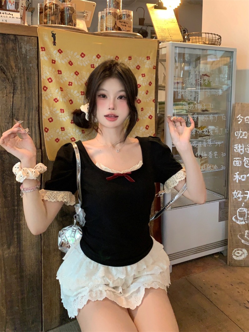 實拍 花邊拼接蝴蝶結短袖t恤女夏季新款甜美修身顯瘦正肩上衣