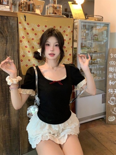Real shot lace patchwork bow short-sleeved T-shirt women's summer new sweet slim-fit figure-flattering off-shoulder top