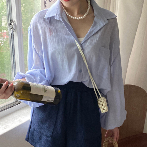 韩国chic春季法式气质翻领小心机后背开叉设计感微透薄款防晒衬衫