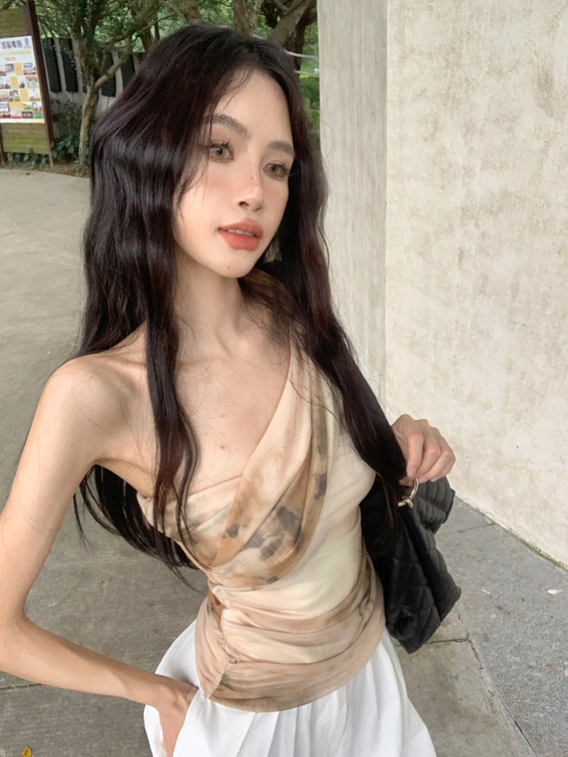 實拍 網紗印花斜肩吊帶背心女新中式復古設計感修身氣質上衣