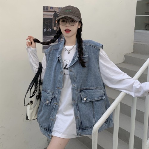 Internet celebrity denim vest 2024 summer thin waistcoat jacket for women Korean version loose and versatile student vest