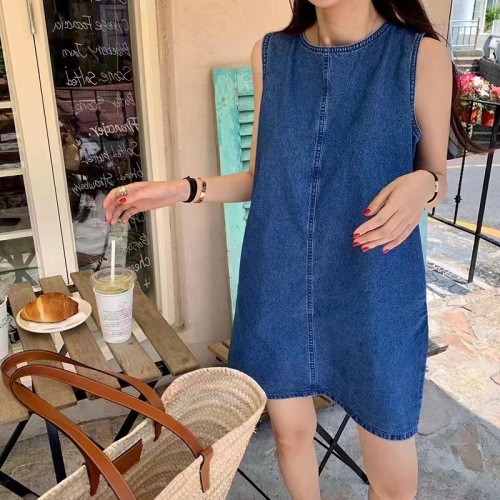 Original denim sleeveless drawstring vest short dress