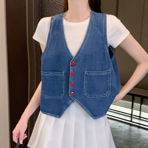 Real shot~Short denim vest for women new sweet and cool design niche V-neck sleeveless waistcoat ins