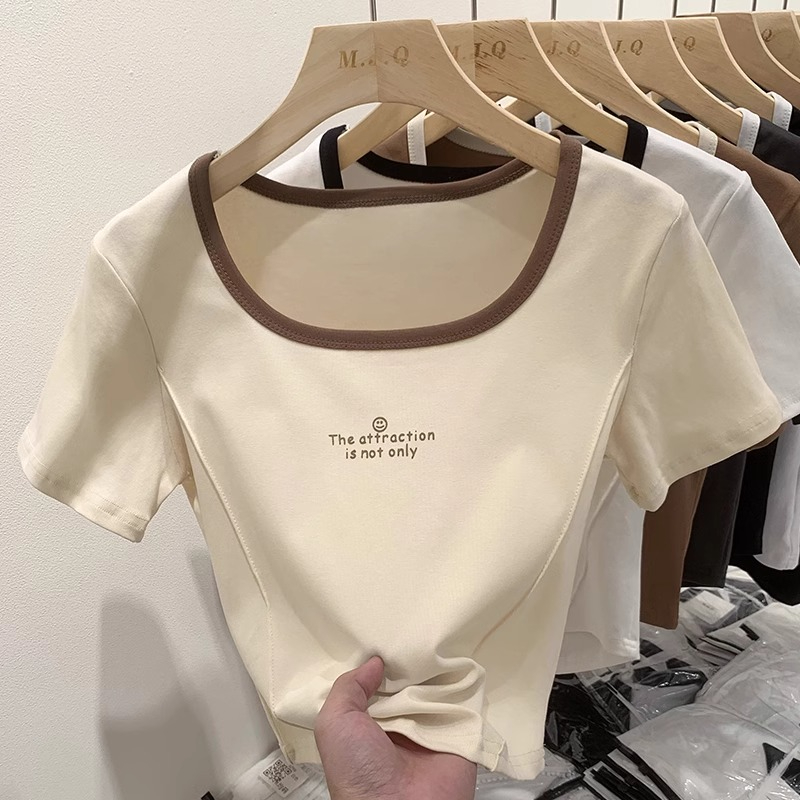 210g 40 count anti-cotton pure cotton threaded right shoulder short-sleeved T-shirt women's short slim fit summer top