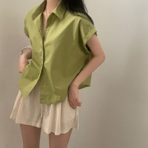 韩国ins 夏日 基础款 气质翻领 卷袖衬衫女 短袖衬衣