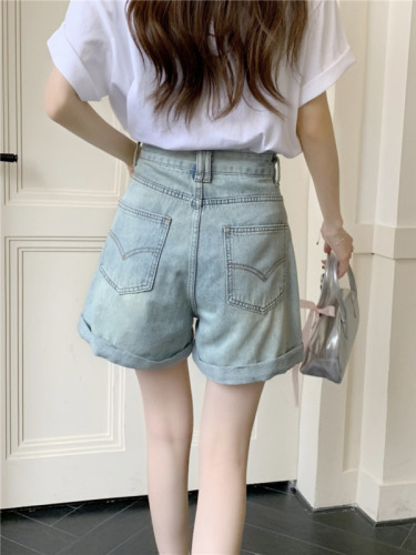 Actual shot~New high-waisted slimming and versatile A-line curled casual denim shorts for women