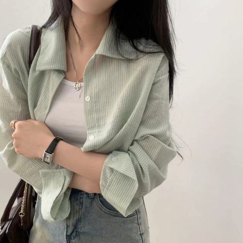 韩国chic 夏日 气质简约 条纹 长袖防晒衬衣 女短款衬衫