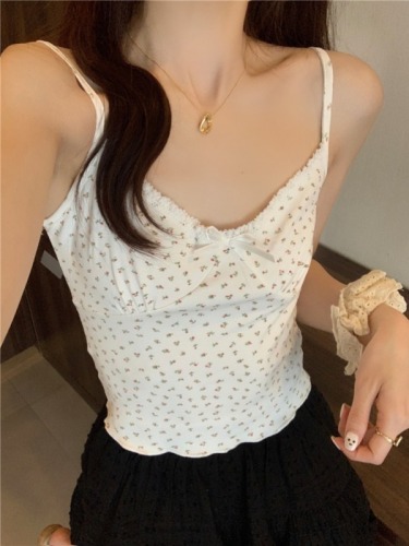 Real shot Summer new slim fit sweet and contrasting color V-neck lace bow suspender top for women