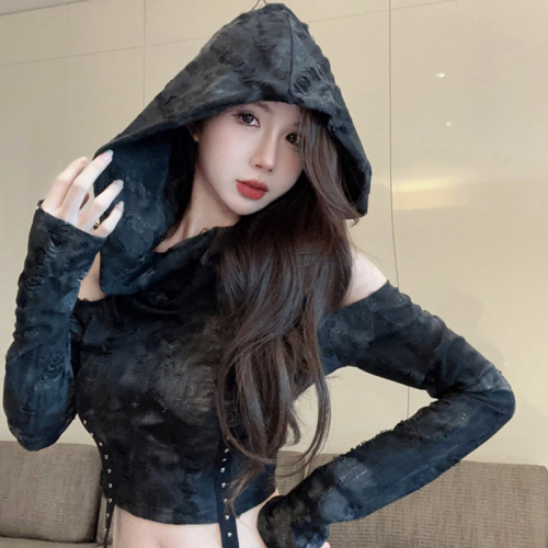 Official photo Wasteland style hand-worn hooded off-shoulder long-sleeved T-shirt for women slimming high-waisted personalized short top