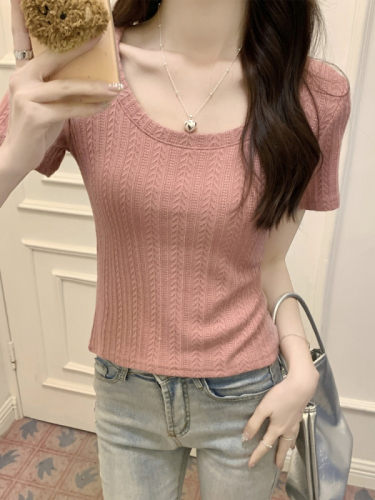 Chic knitted short-sleeved T-shirt for women 2024 new style pure desire square neck right shoulder short top