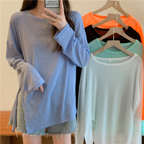 Actual shot of sun protection blouse, long-sleeved T-shirt for women, loose mid-length ice silk thin slit top
