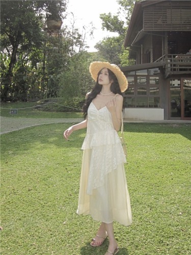 Real shot ~ 48 hours delivery sweet hot girl ruffled suspender dress fairy summer irregular temperament long skirt