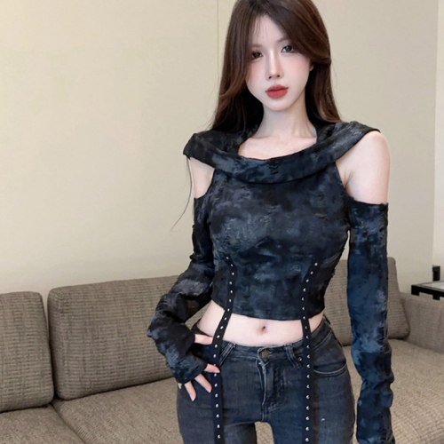 Official photo Wasteland style hand-worn hooded off-shoulder long-sleeved T-shirt for women slimming high-waisted personalized short top