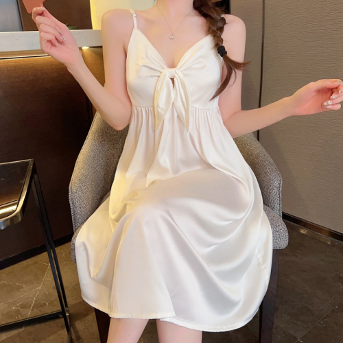 Real shot of sexy pajamas for women, summer suspender nightgown, white bow princess style mid-length satin silk home clothes