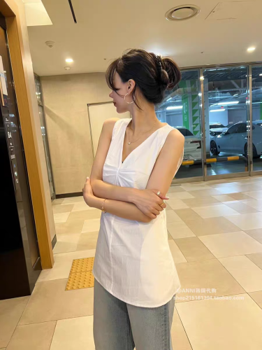 Korea 2024 summer V-neck pleated backless drawstring waist mid-length sleeveless vest top