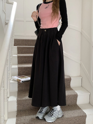 Actual shot ~ 2024 new Korean style design elastic waist long A-line skirt versatile slimming skirt