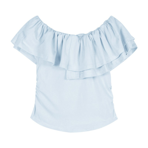 一字肩性感纯欲短袖T恤女夏季修身褶皱荷叶边蓝色短款别致小上衣