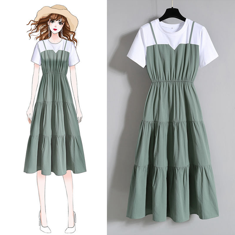 Korean style skirt mid-length short-sleeved round neck large size fake two-piece summer short-sleeved dress for fat girls