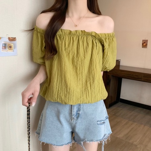 Real shot French chic short top for women summer new sweet square neck puff sleeve shirt